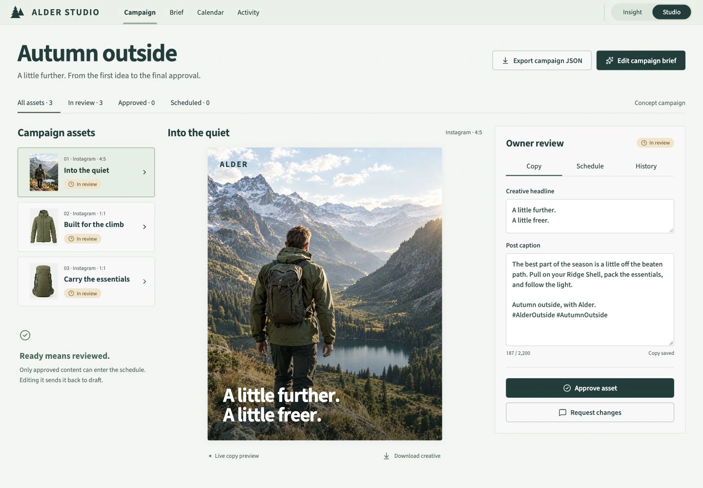 Alder Studio campaign workspace with alpine creative imagery and editable owner review